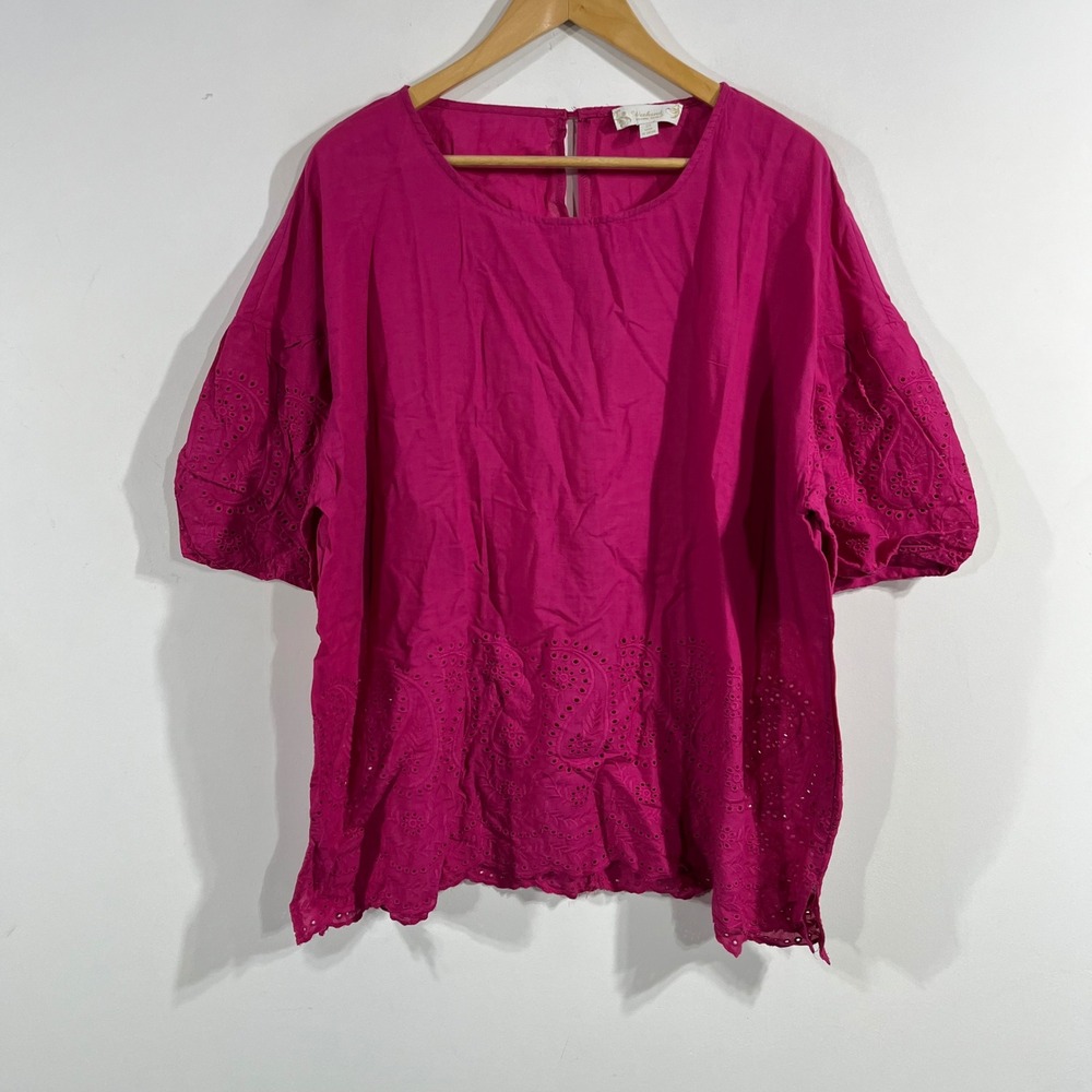 Suzanne Betro Preppy Pink Eyelet Cotton Puff Sleeve Blouse 2X Cottagecore Chic